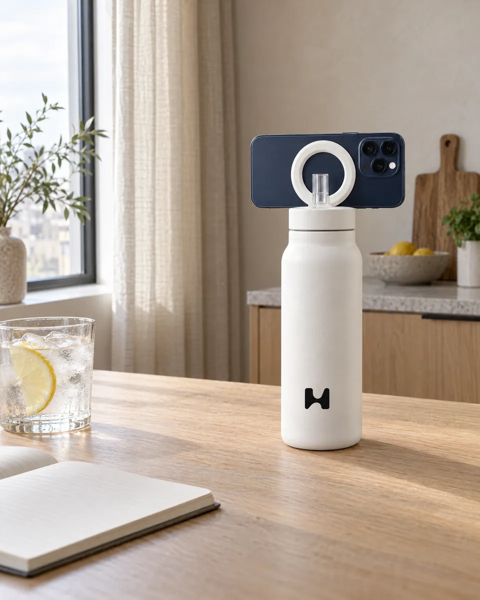 White bottle holding a phone on a kitchen table