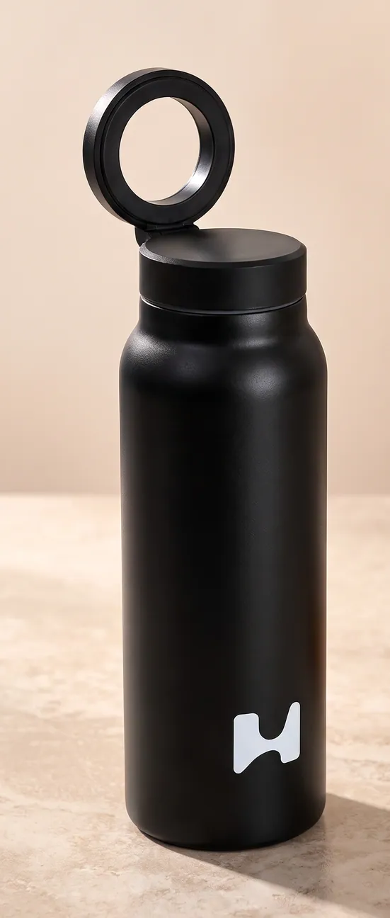 Black bottle with the non-straw lid and its ring raised, beside a cup of tea