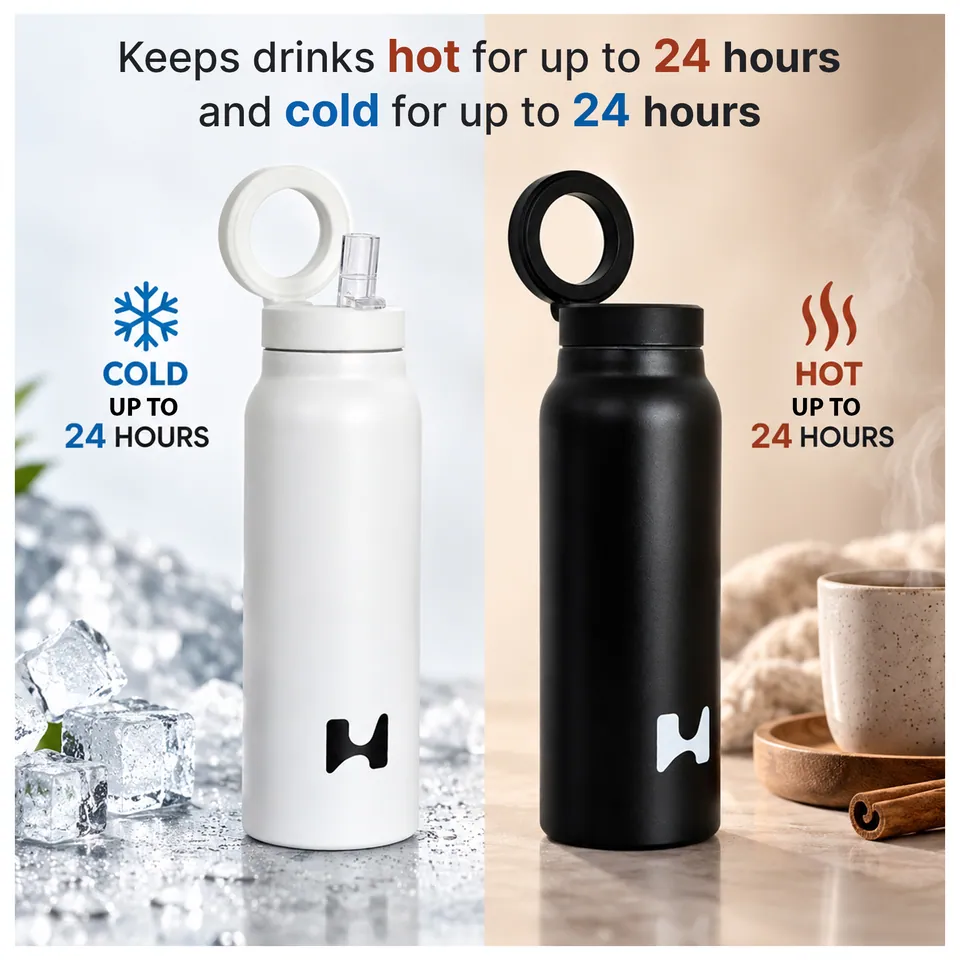 White bottle with ice beside the black bottle with tea