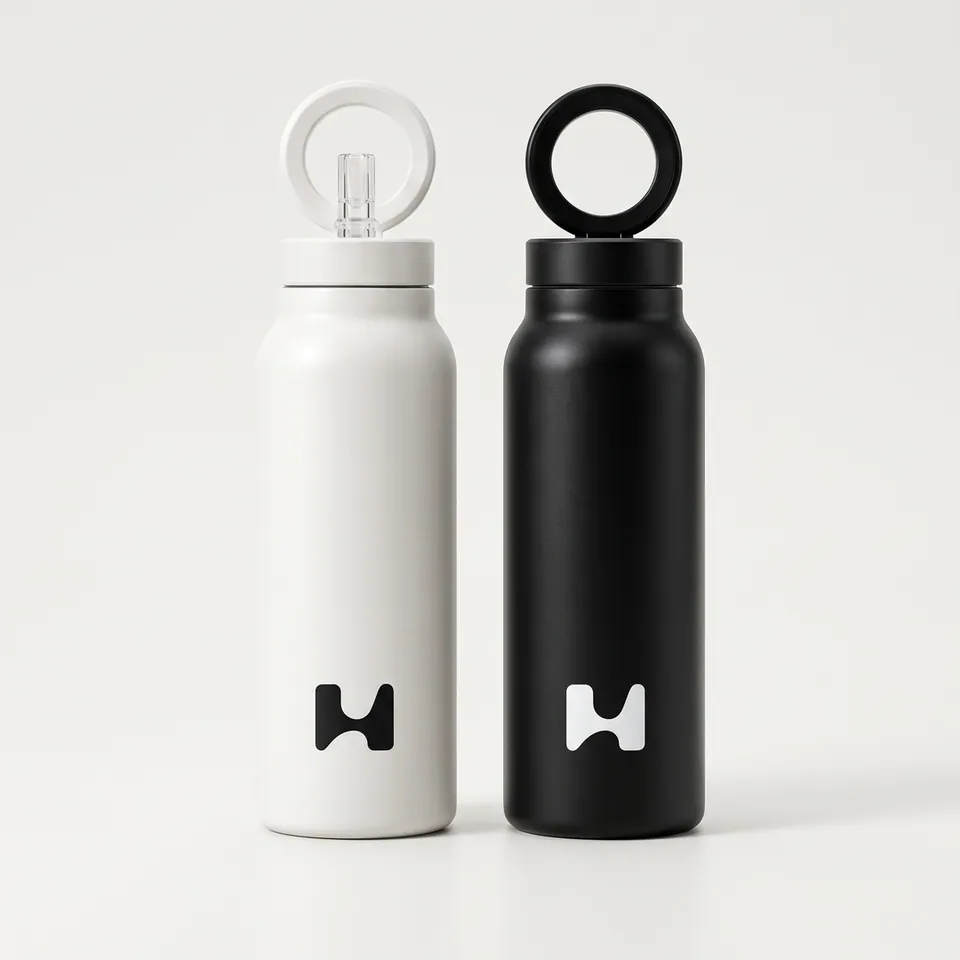 The two bottles side by side on soft grey, rings raised: matte white with the straw lid, matte black with the non-straw lid